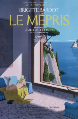 A stylized poster for Jean-Luc Godard’s film "Le Mépris," showcasing a bright, open room overlooking a ocean. A woman reclines on a couch on the left, and a man stands looking out of the window toward the sea above her. The title and cast names are displayed at the top.