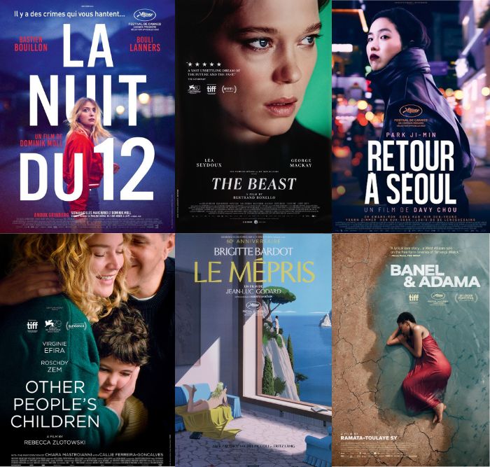 A collection of six film posters arranged in two rows. From left to right in the top row: "La Nuit du 12" (a woman in a red coat at night), "The Beast" (a close-up of a woman's face), and "Retour à Séoul" (a woman in a black coat in front of neon lgihts). Bottom row: "Other People's Children" (a smiling woman and man with a child), "Le Mépris" (a woman lounging in a room above the ocean), and "Banel & Adama" (a woman in a red dress laying on cracked earth).