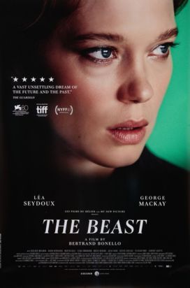 A film poster showing a close-up of a woman with short blonde hair.The background is a soft green, and the title "The Beast" is written below her, with festival logos including TIFF and Venice.